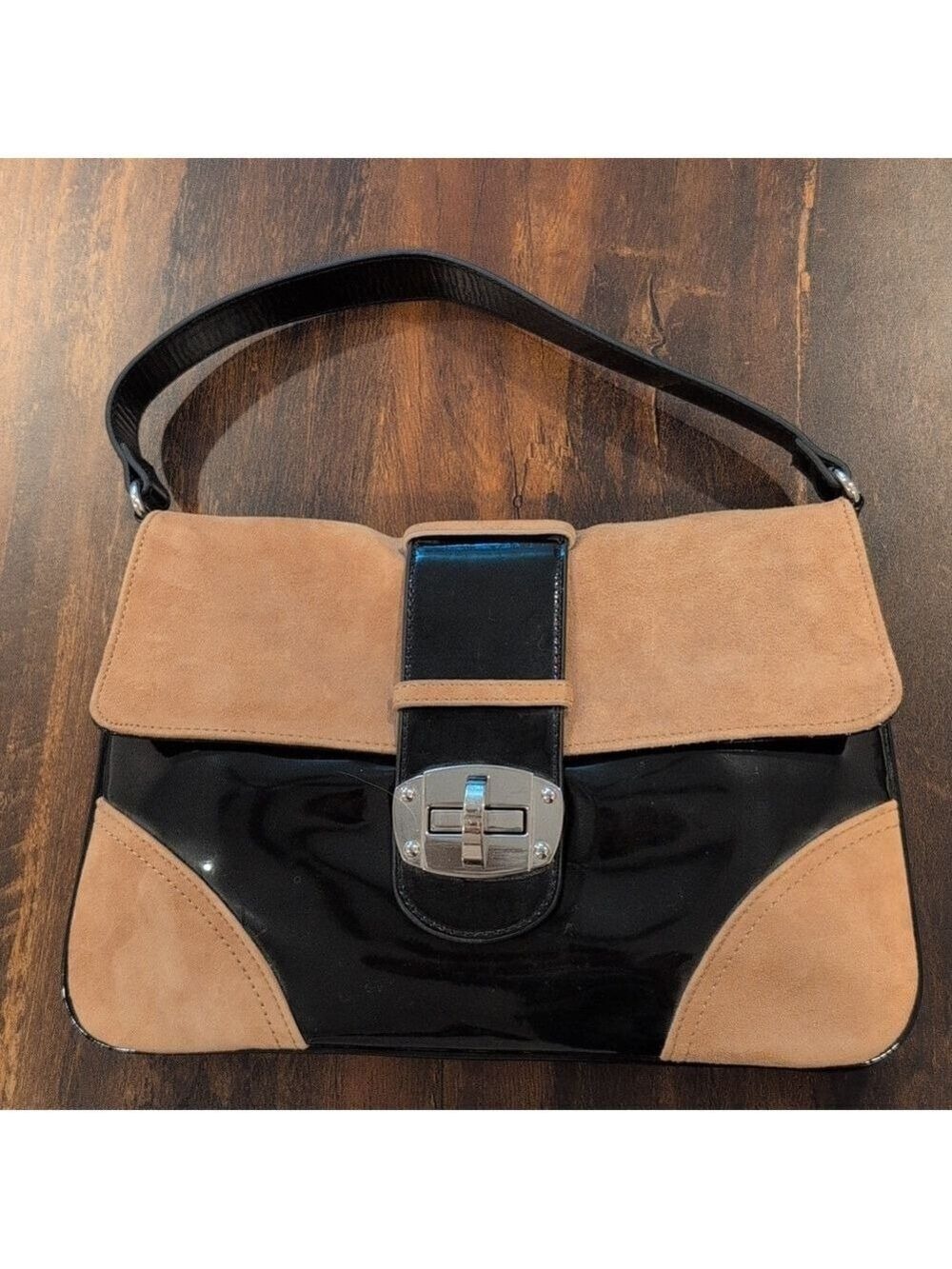 White House Black Market Tan and Black Suede Shoulder Bag Satchel.